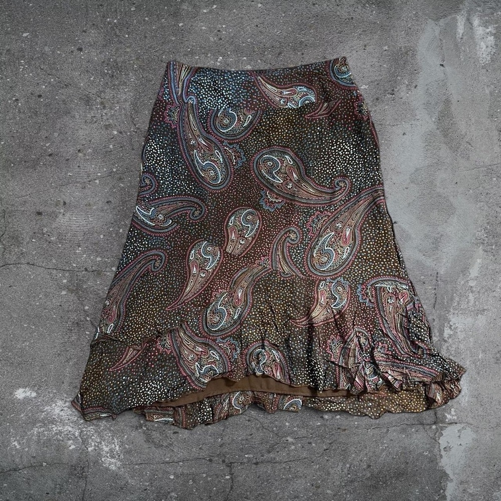 vintage paisley midi skirt y2k boho indie fairycore 90s ruffle hem